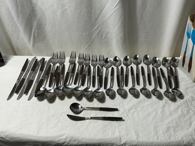 37 Pcs Interpur INR2 Stainless Brown Faux Wood Handle Flatware MCM Japan Lot