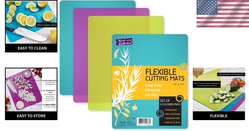 Набор из 3 гибких ковриков для резки без бисфенола — кухонные доски с цветовой кодировкой 12 x 15 дюймов - Изображение 2 из 4