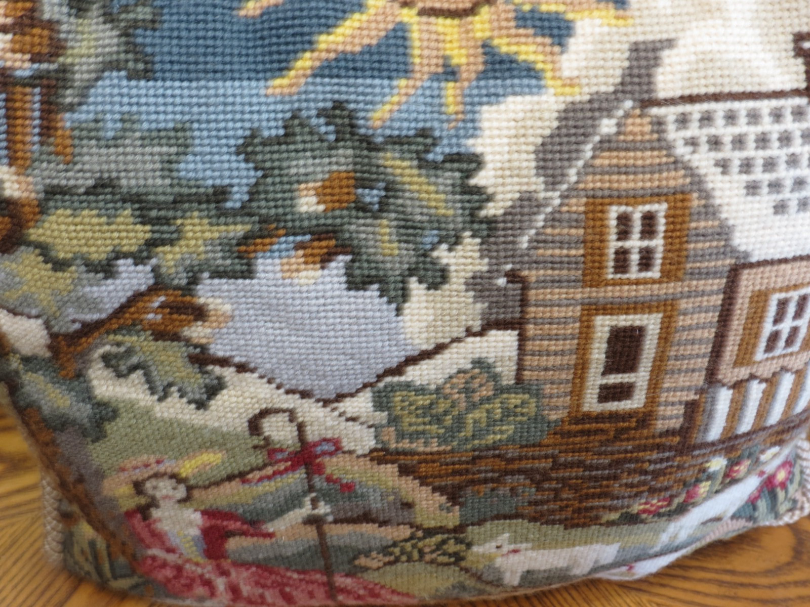 Elizabeth Bradley Pastoral Needlepoint Cushion – Completed Throw Pillow 16"×16"