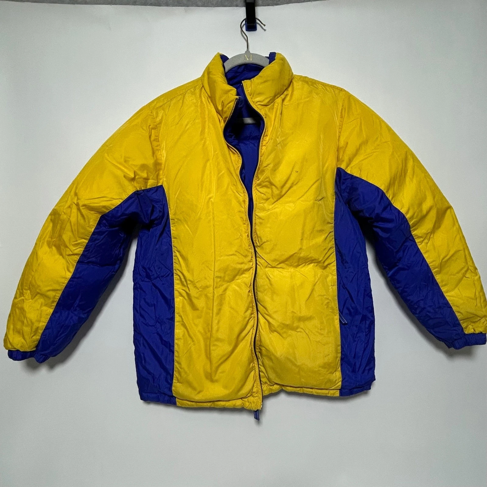 Lands End Youth Down Puffer Jacket Reversible Yellow Blue Full Zip Size L 14-16