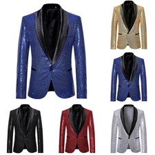 Giacca Uomo Paillettes Oro Elegante Slim Fit Abito Cerimonia Moda Maschile Giubbotto Lucido Glamour Festa Matrimonio Abbigliamento Performance Oro (Dark Blue, S