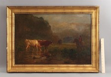 Antique SAMUEL LANCASTER GERRY Cows Hunter & Horse NH White Mountains Painting