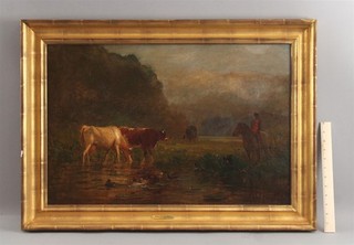 Antique SAMUEL LANCASTER GERRY Cows Hunter & Horse NH White Mountains Painting