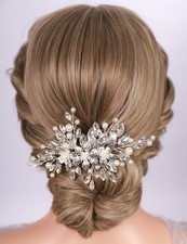 Silver Crystal Pearl Wedding Hair Comb with Rhinestone Bridal Flower Headpiece