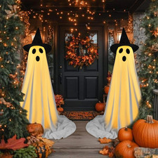 Halloween Decorations Outdoor Indoor, 2 Pack Spooky Ghost with Witch Hat, Scary