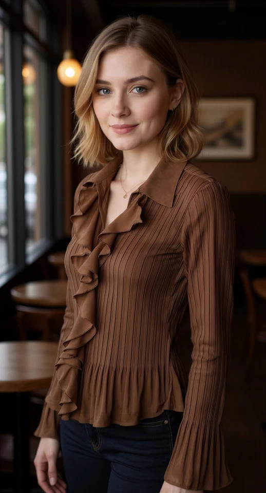 Blusa Sunny Leigh Y2K vintage mocha mousse acordeão franzido babado tamanho M - Imagem 2 de 3