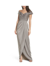 LA FEMME SURPLICE OFF THE SHOULDER PEWTER COLUMN GOWN sz 2
