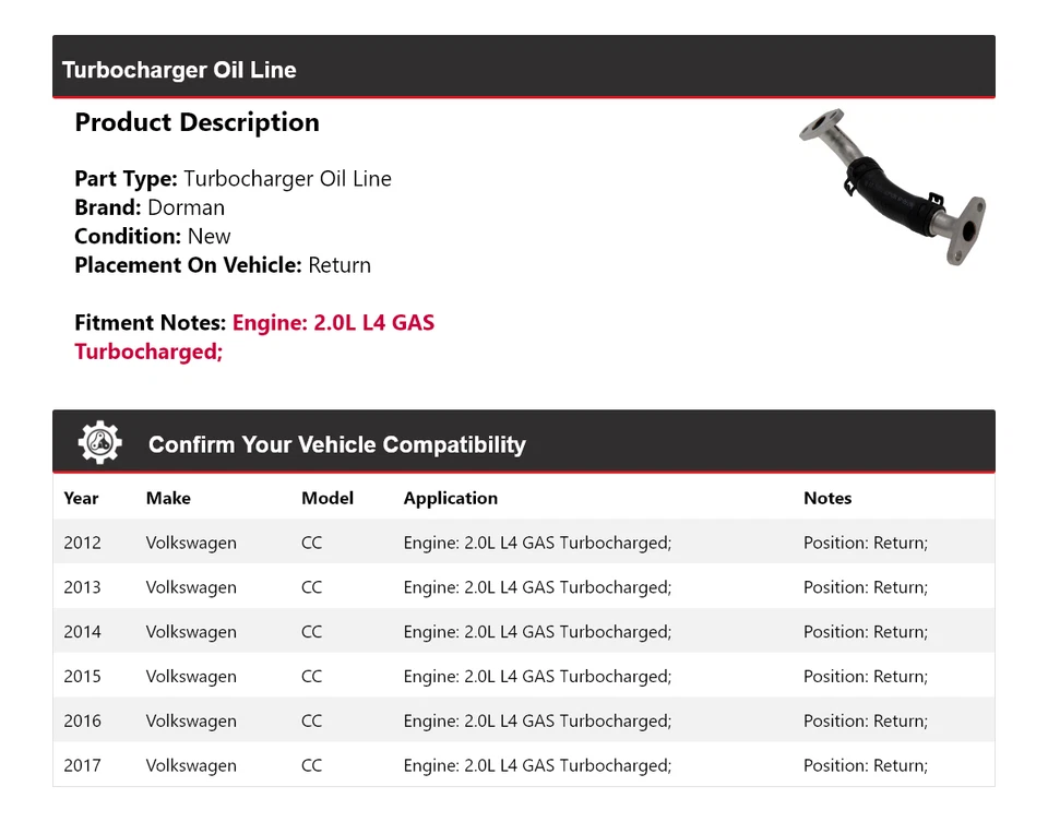 Масляный трос турбокомпрессора для Volkswagen CC Dorman 2012-2017 годов выпуска 2013 2014 2015 2016 годов выпуска - Изображение 2 из 4