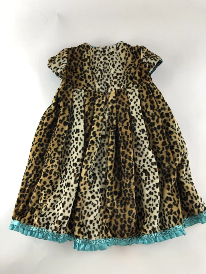 Vestido Trish Scully Niñas 2T Estampado Leopardo Marrón Verde Azulado Borde Terciopelo Boutique AE1 Foto 2 de 4