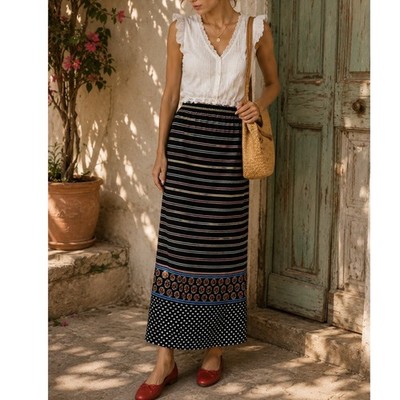 Vintage 70s Miss Charm striped scarf print boho maxi skirt XS S