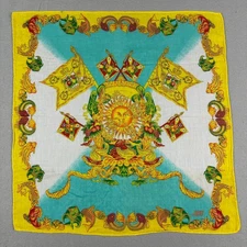 VTG Gianni Versace Scarf handkerchief Cotton medallion sun fruit flag crest 20"