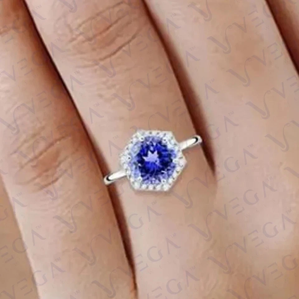 3.52Ct Round Cut Natural Tanzanite & Diamond 100% Real 14k SOLID White Gold Ring - Image 3 of 4