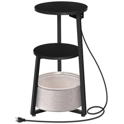 Small Round Side Table with Charging Station, Round End Table with Cotton Lin...