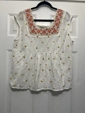 NWT Lucky Brand Women's Aztec Embroidered Tunic Top White Large Babydoll Boho