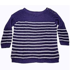 Loft Women's Blue White Striped Sweater M Crochet Knit Nautical Coastal Preppy