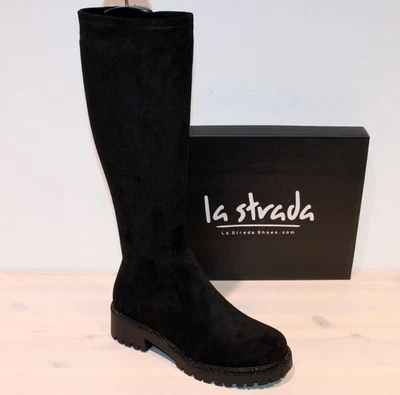 LA STRADA Stretch Stiefel Biker Boots Mikrofaser Glitzer Zipper Schwarz - Neu !
