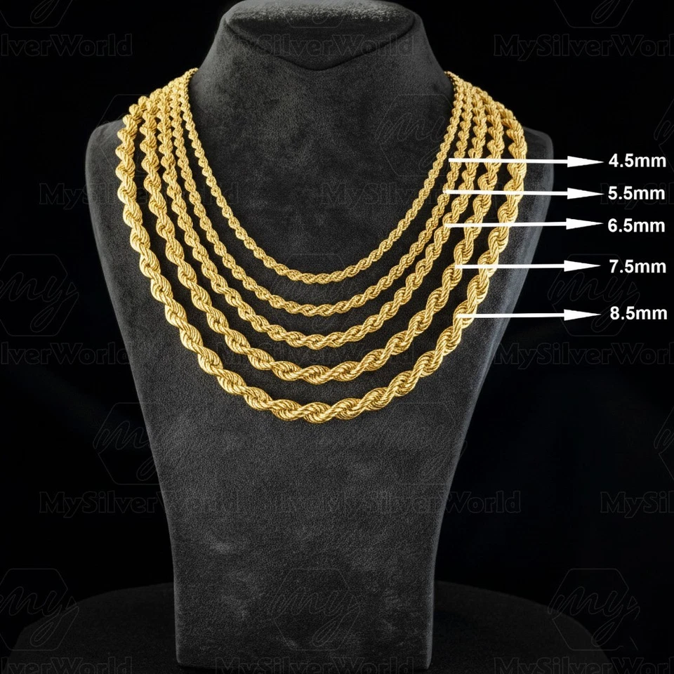 Cadena de cuerda enchapada en oro de plata de ley 925 - Collar retorcido para hombre todos los tamaños Foto 2 de 4