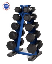 Rubber Coated Hex Dumbbell Hand Weight Set 150 LB with Vertical Rack Storage