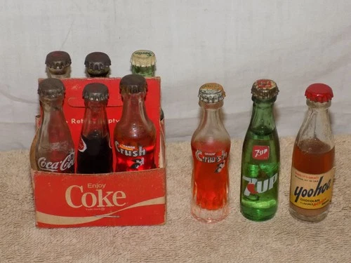 Vintage Coca Cola Coke Pack 3" Mini Glass Bottles & Paper Carrier