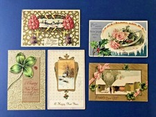 5 New Years Antique Postcards, Printed in Germany 1900s. EMB, Gold Trim w Value 