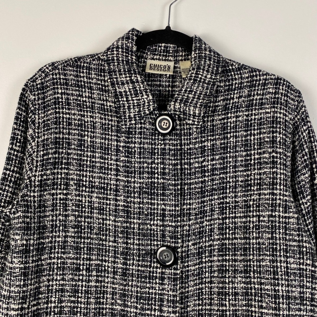 Chicos Design Tweed Jacket Womens 0 US 4 / Small Black White