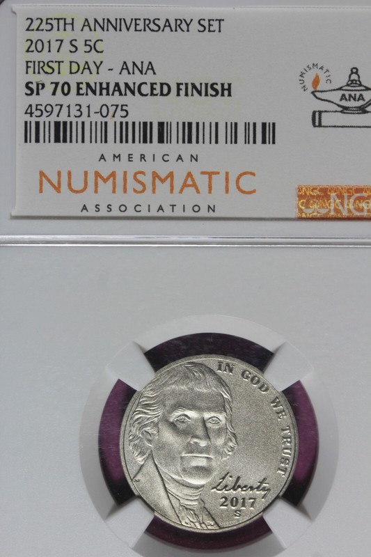 2017 S- NGC SP70 ENHANCED FINISH FIRST DAY ANA JEFFERSON NICKEL #B46457