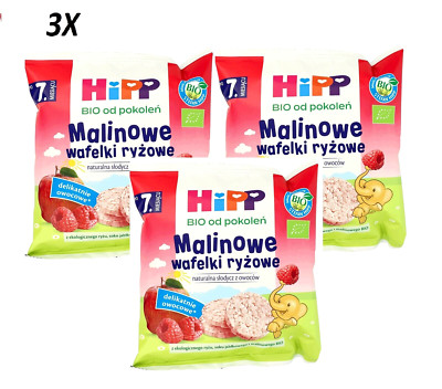 3 x HiPP Organic Rice Cakes Snack Raspberry Flavored From 7 Months 30g 1.06oz