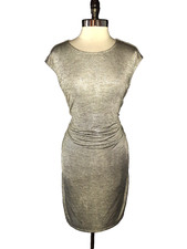 CALVIN KLEIN Size L Sheath Dress Silver Black Shimmery Cap Sleeve Stretch
