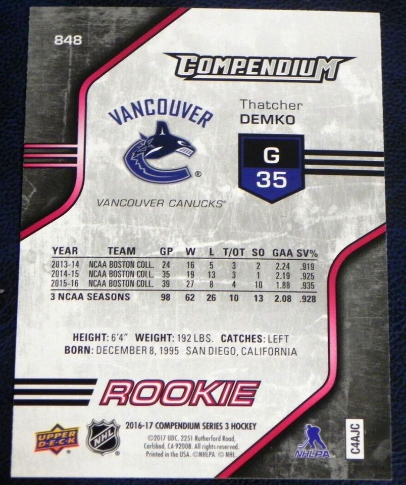 2016-17 Upper Deck Compendium RED ROOKIE #848 Thatcher Demko Vancouver Canucks - Image 2 of 2