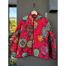 Chico s 100 Silk Red Quilted Jacket Size 2 Large/12 Oriental Lanterns Full Zip