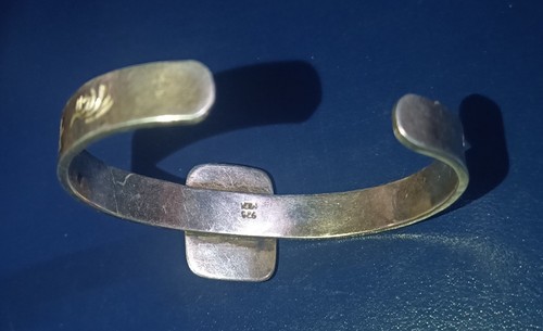 Vintage Mexico Mexican Healing Blue Cat Eye Sterling Silver Cuff Bracelet - Picture 10 of 11