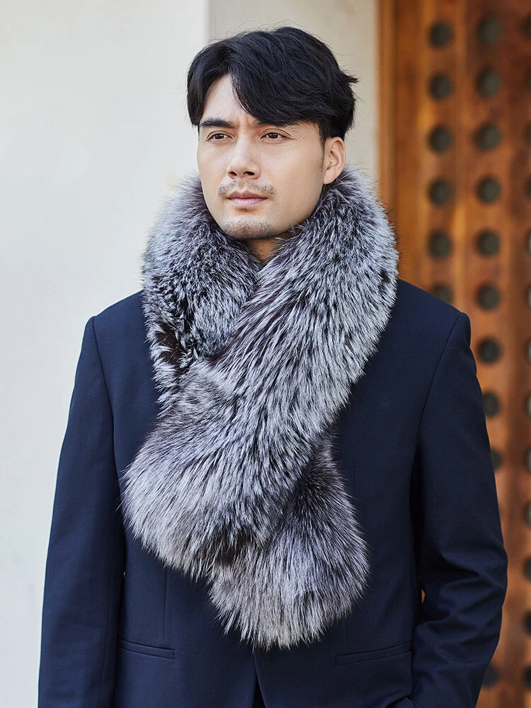 Men s Fur Scarf Silver Fox Fur Collar Shawl Wraps Winter Mufflers Black