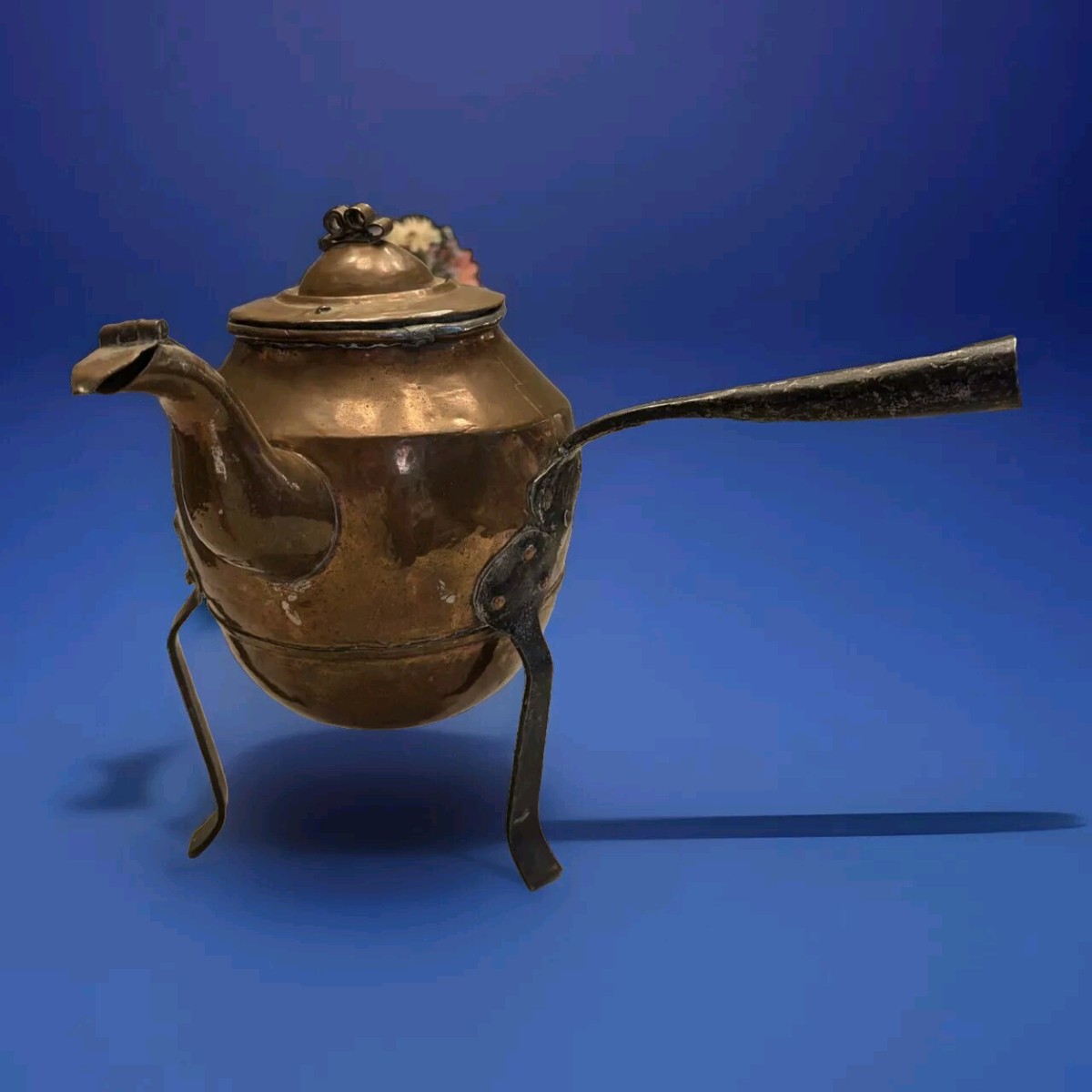 Antique Copper Iron 3-Footed Swedish teapot Kettle Side Pouring