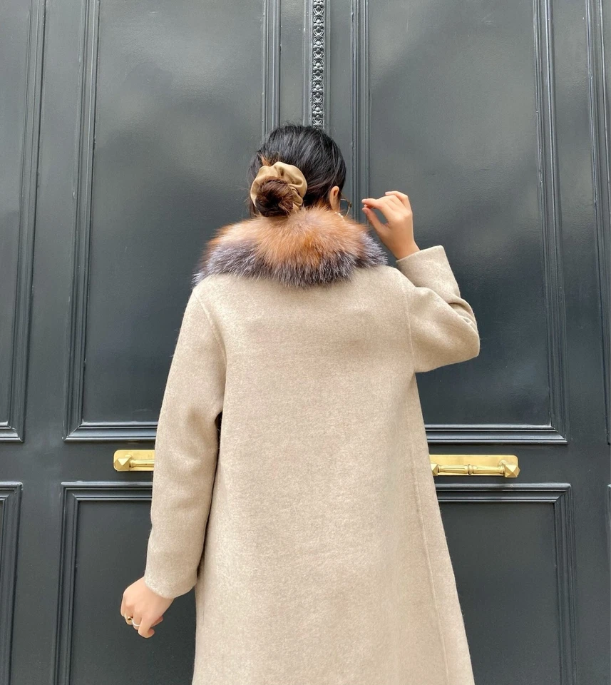 100% Alpaca Women's Winter Coat Real Fox Fur Long Overcoat Soft Stylish Beige - Image 3 of 4
