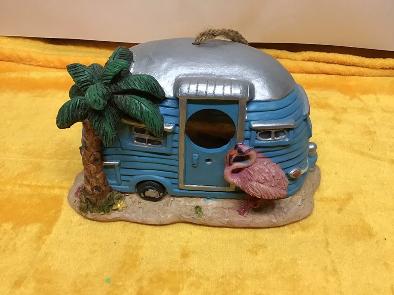 Green Camper Birdhouse Flamingo Palm Tree Vintage Style Tropical Beach Theme