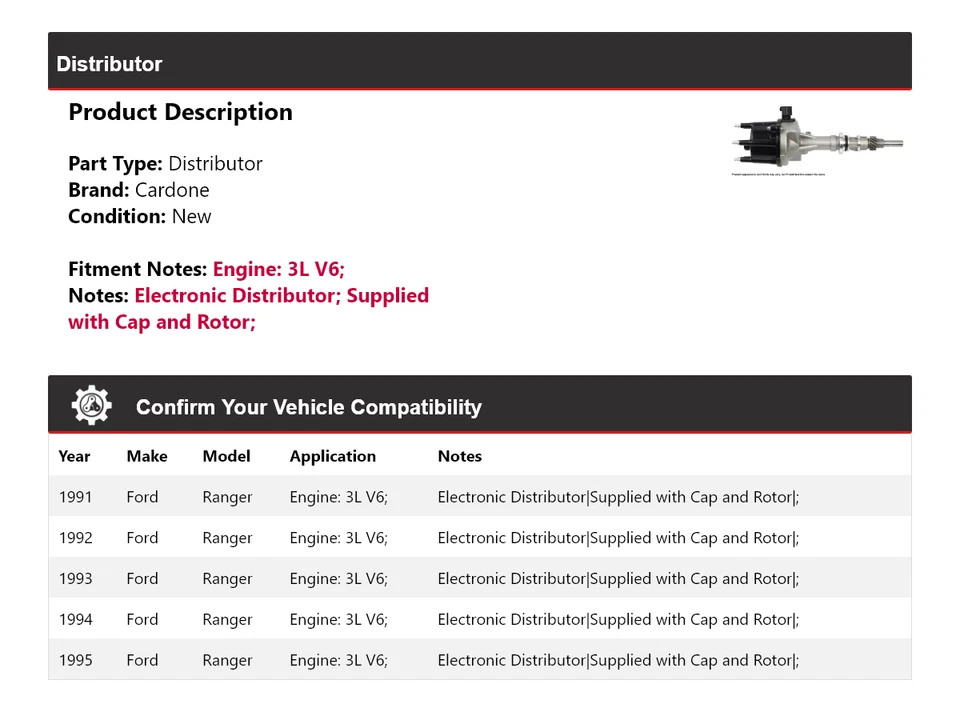 Ford Ranger 1991-1995 3L V6 distribuidor Cardone 1992 1993 1994 Foto 2 de 4