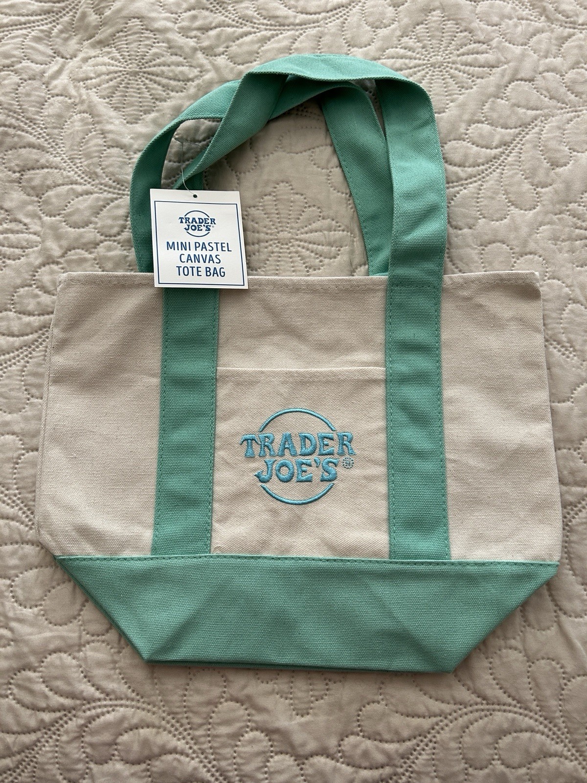 Trader Joe's Spring Pastel Mini Tote Bag Green Cream NWT