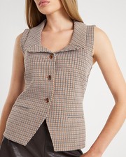 River Island Womens Waistcoat Brown Lapel Check Square Neck Outerwear Top