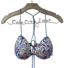 Victorias Secret Bikini Top 34B Paisley Molded Push Up Padding Tassel Tie