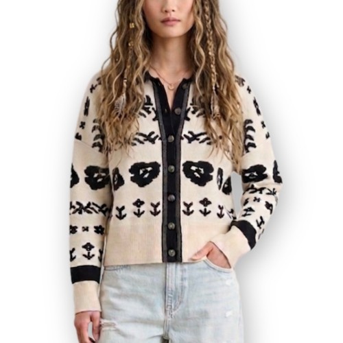 Boutique Size M Black & Cream Boho Collared Floral Oversized Sweater Cardigan