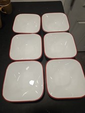 Nice Set of 6 Corelle Vitrelle Square Bowls Red Trim USA Made