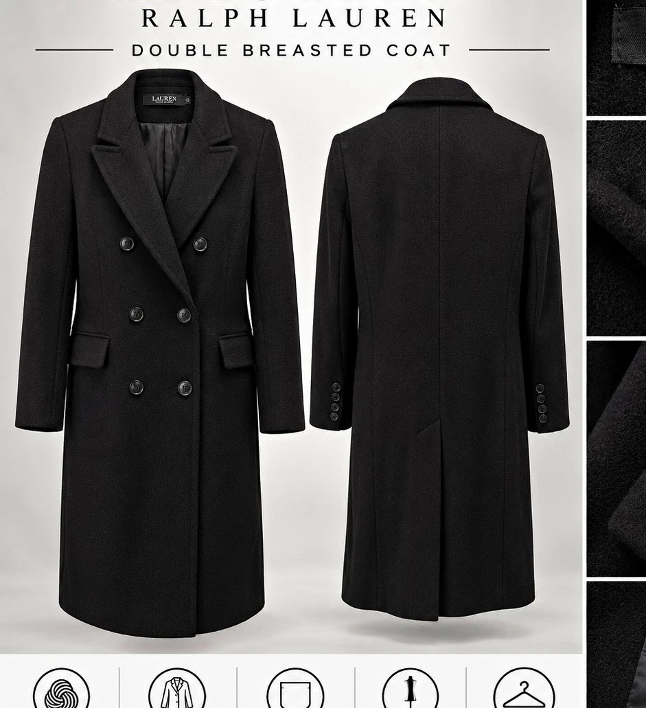 Lauren Ralph Lauren Black Wool Blend Double Breasted Long Overcoat Pockets 38 - product detail image 1