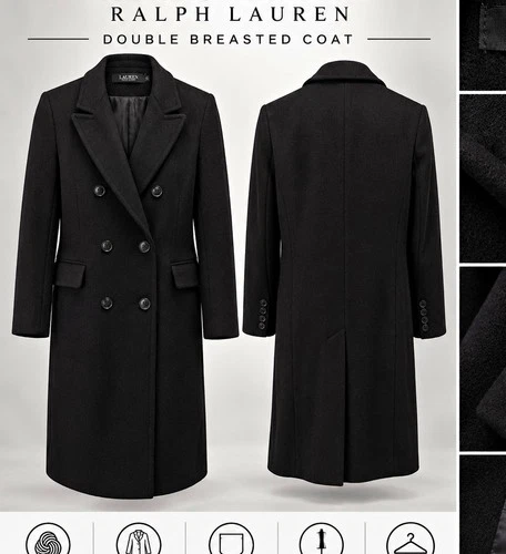 Lauren Ralph Lauren Black Wool Blend Double Breasted Long Overcoat Pockets 38 - product listing photo