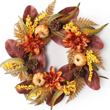 Fall Wreaths for Front Door - 24 Inch Outdoor Silk Fall Wreath with Pumpkin, ...