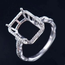 925 Sterling Silver 12x9mm Emerald Cut Semi Mount Ring CZ Halo Twisted Band