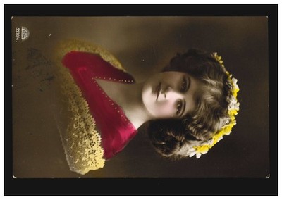 Fashion postcard woman with red blouse and floral decoration, WITTEKINDSBERG (?) circa 1915
