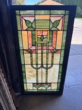 ~ ANTIQUE ARTS AND CRAFTS STYLE STAINED GLASS WINDOW ~ 28 X 52 ~ SALVAGE ~