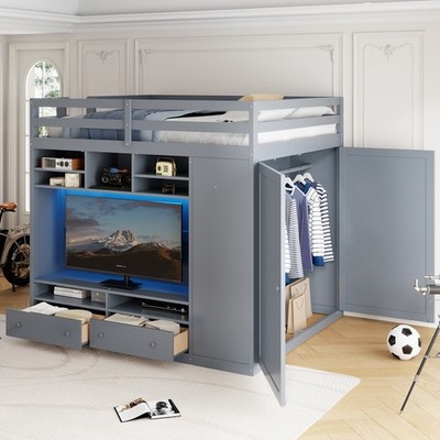 Full size Loft Bed with Drawers, Shelves and Light - Gray 