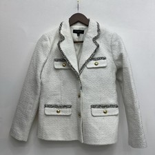 Talbots Ivory Tweed Women  s Gold Button Trim Textured Blazer- Size 4 Petite