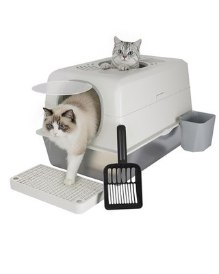 Cat Litter Box XL Stainless Steel Enclosed Top Entry White 13187WH JFHID Design